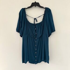 Torrid Womens Blue Babydoll Puff Sleeve Top Size 3 (3X) Milkmaid Button Up